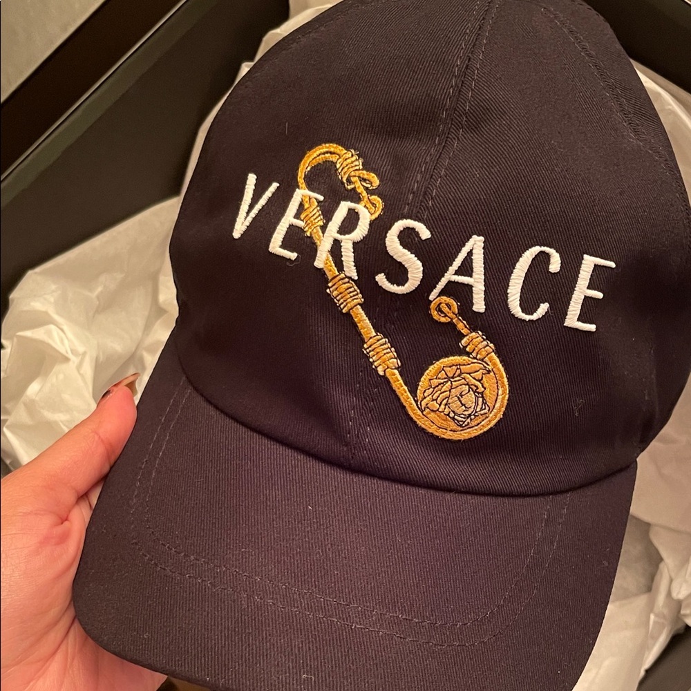 Versace Navy Cap with Gold and White Embroidery
